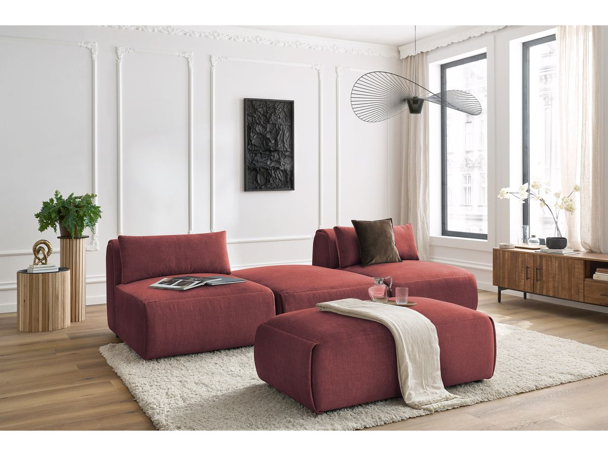 Canapé droit fixe 3 places JEANNE avec pouf tissu velours