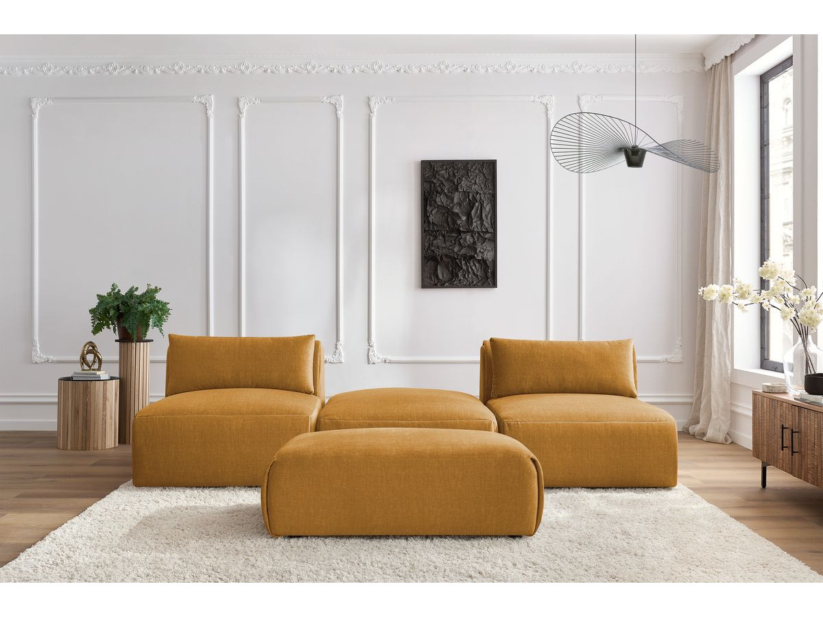 Canapé droit fixe 3 places JEANNE avec pouf tissu velours