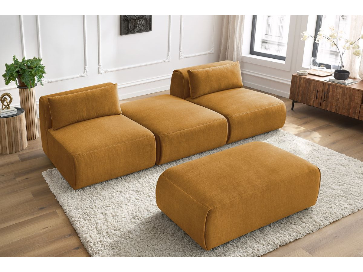 Canapé droit fixe 3 places JEANNE avec pouf tissu velours