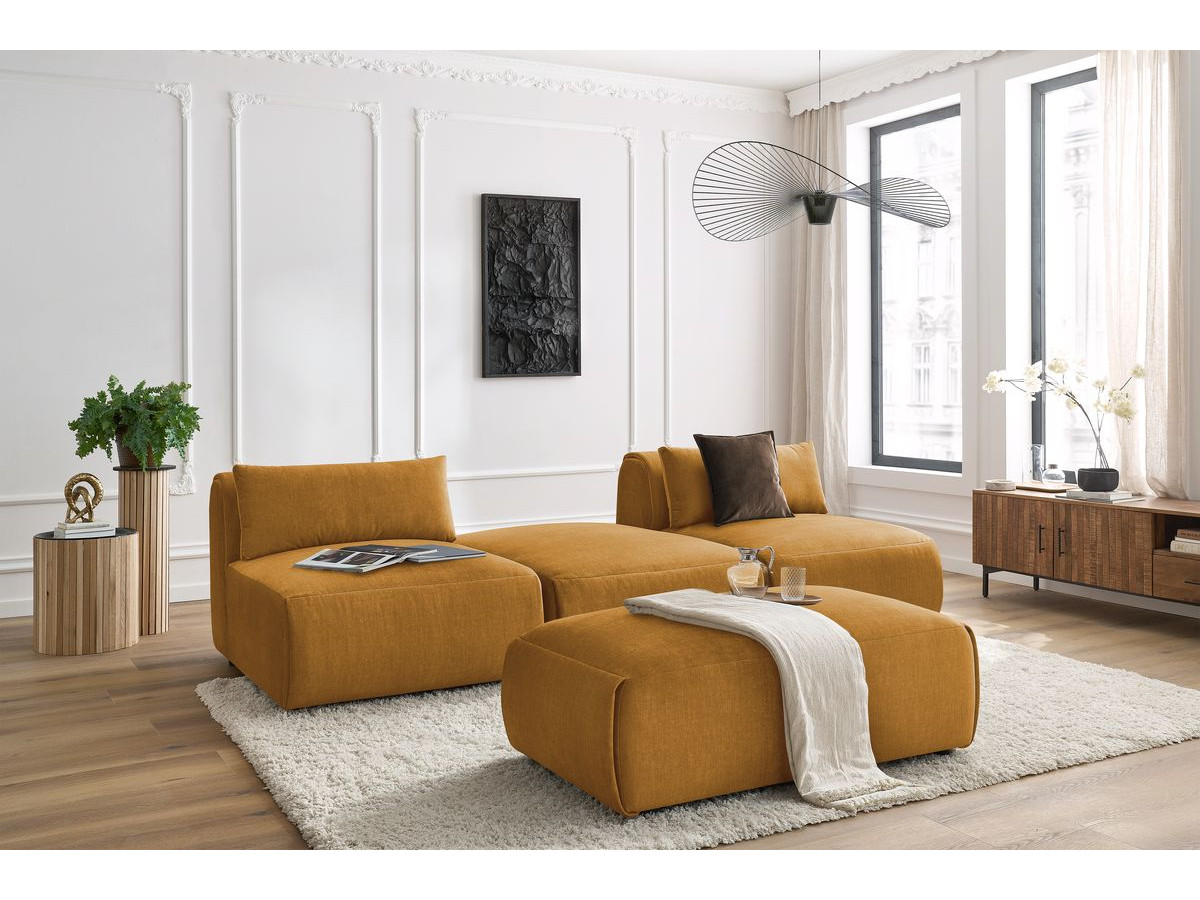 Canapé droit fixe 3 places JEANNE avec pouf tissu velours