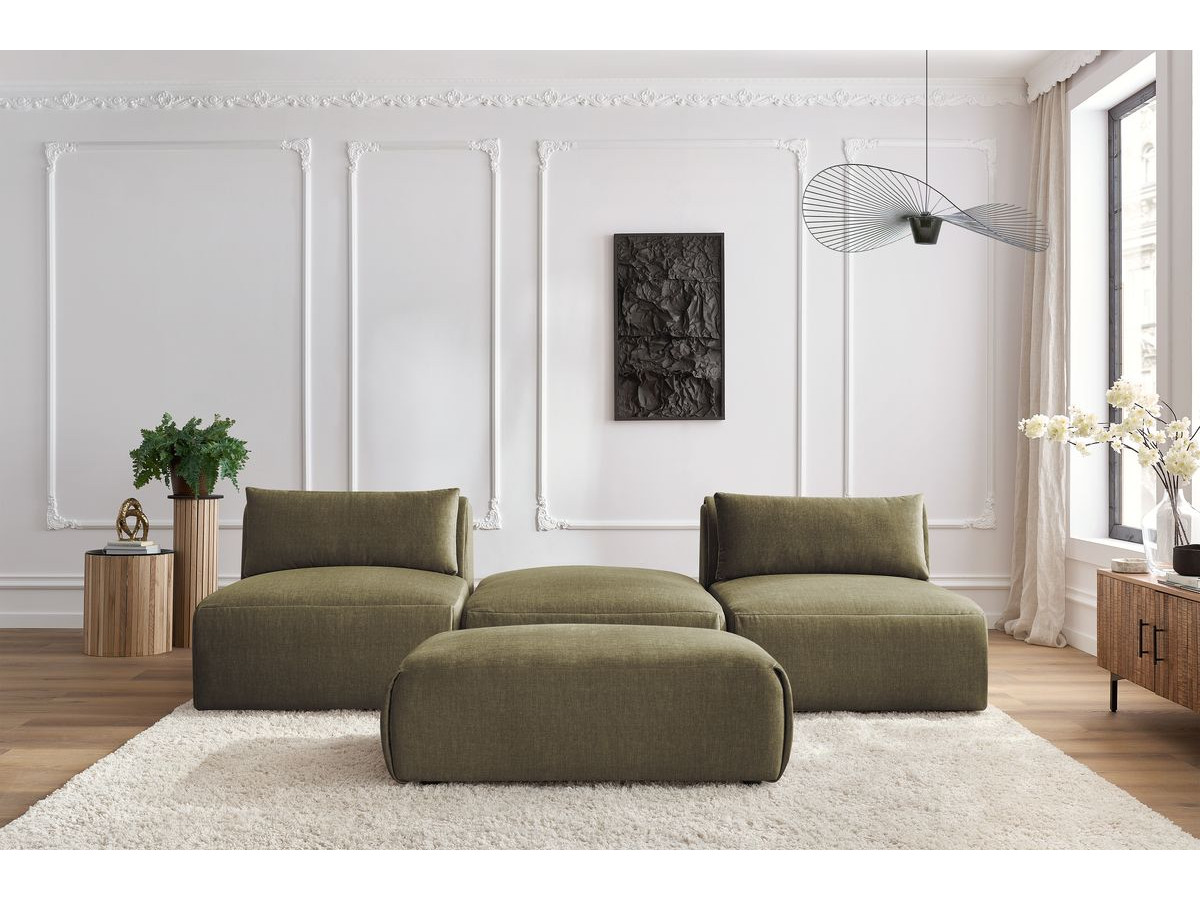 Canapé droit fixe 3 places JEANNE avec pouf tissu velours