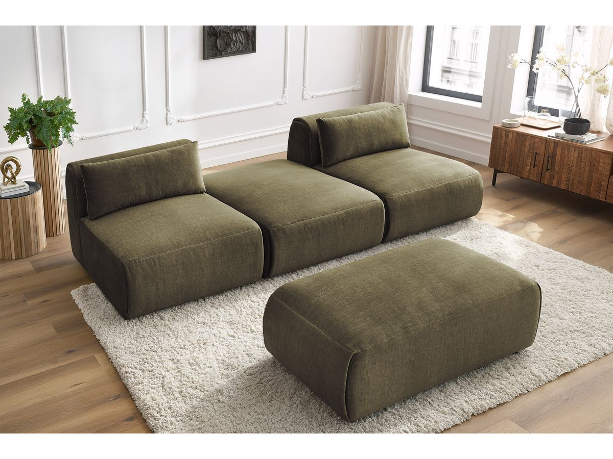 Canapé droit fixe 3 places JEANNE avec pouf tissu velours