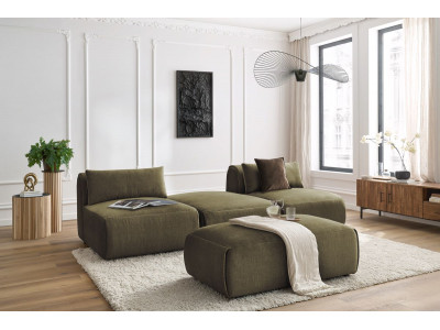 Canapé droit fixe 3 places JEANNE avec pouf tissu velours