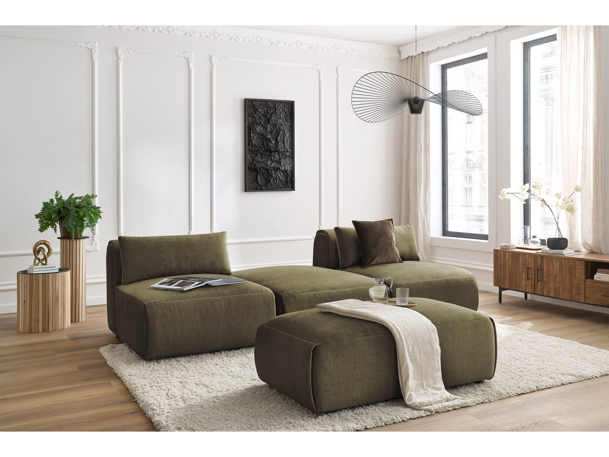 Canapé droit fixe 3 places JEANNE avec pouf tissu velours