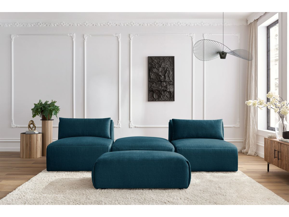 Canapé droit fixe 3 places JEANNE avec pouf tissu velours