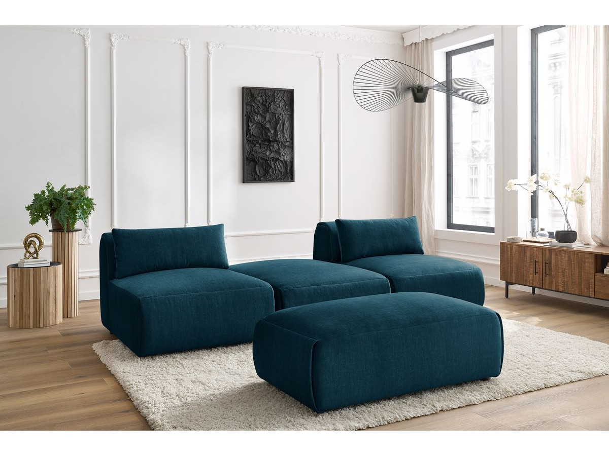 Canapé droit fixe 3 places JEANNE avec pouf tissu velours