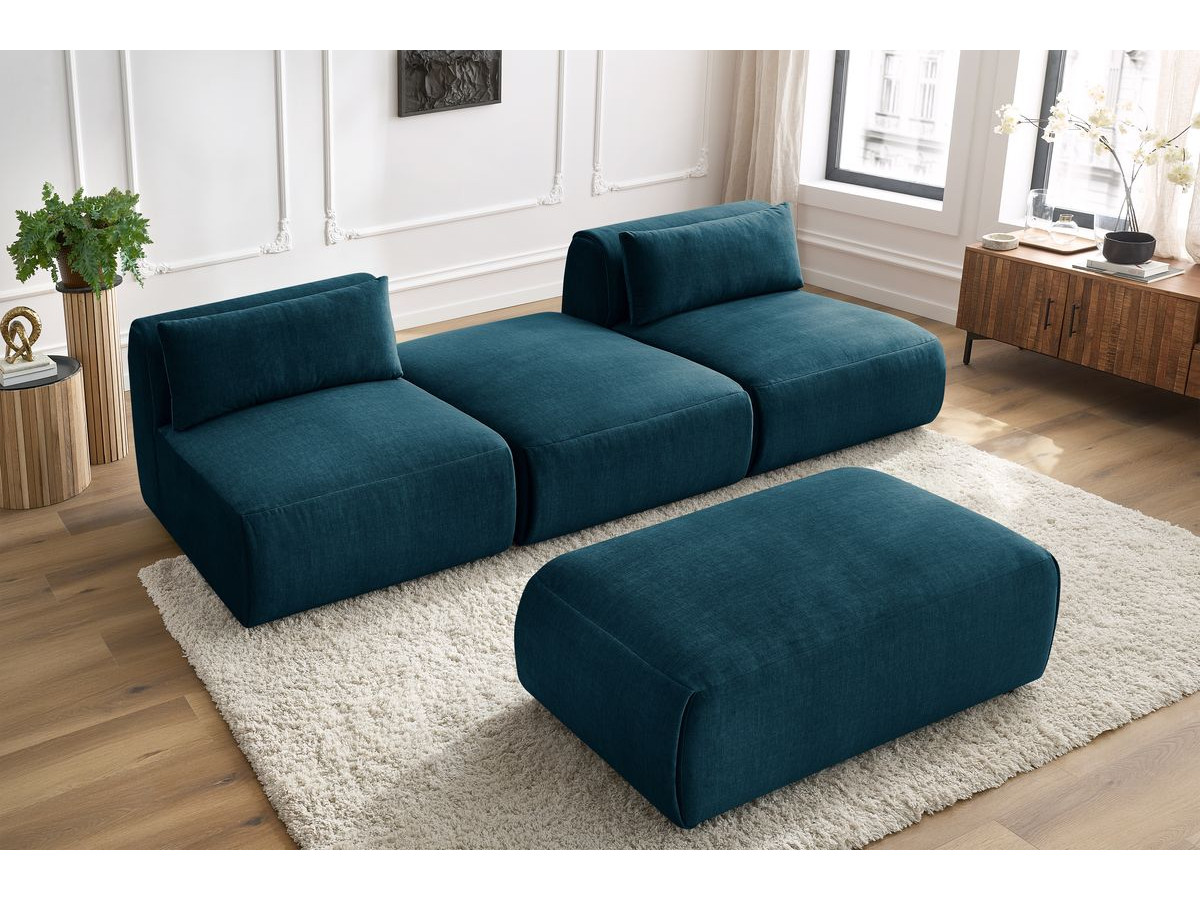 Canapé droit fixe 3 places JEANNE avec pouf tissu velours