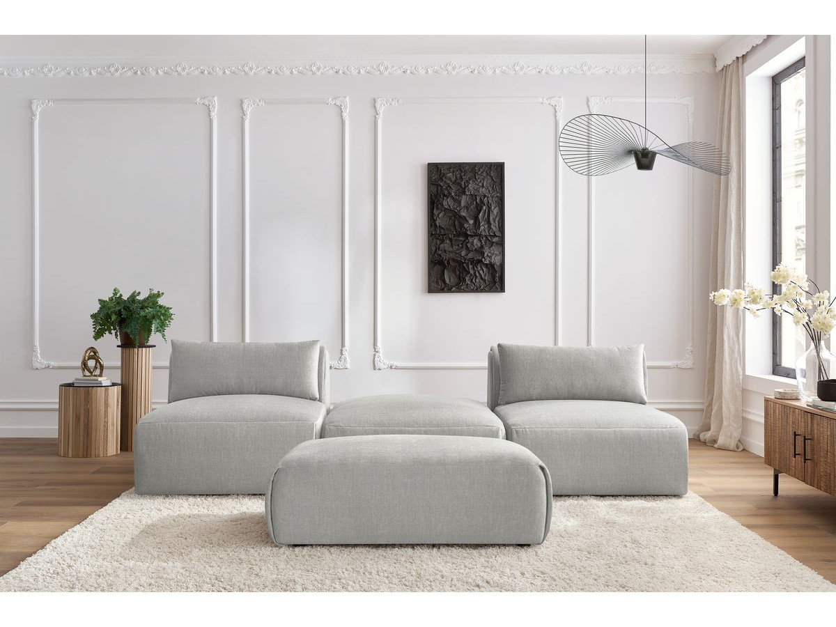 Canapé droit fixe 3 places JEANNE avec pouf tissu velours