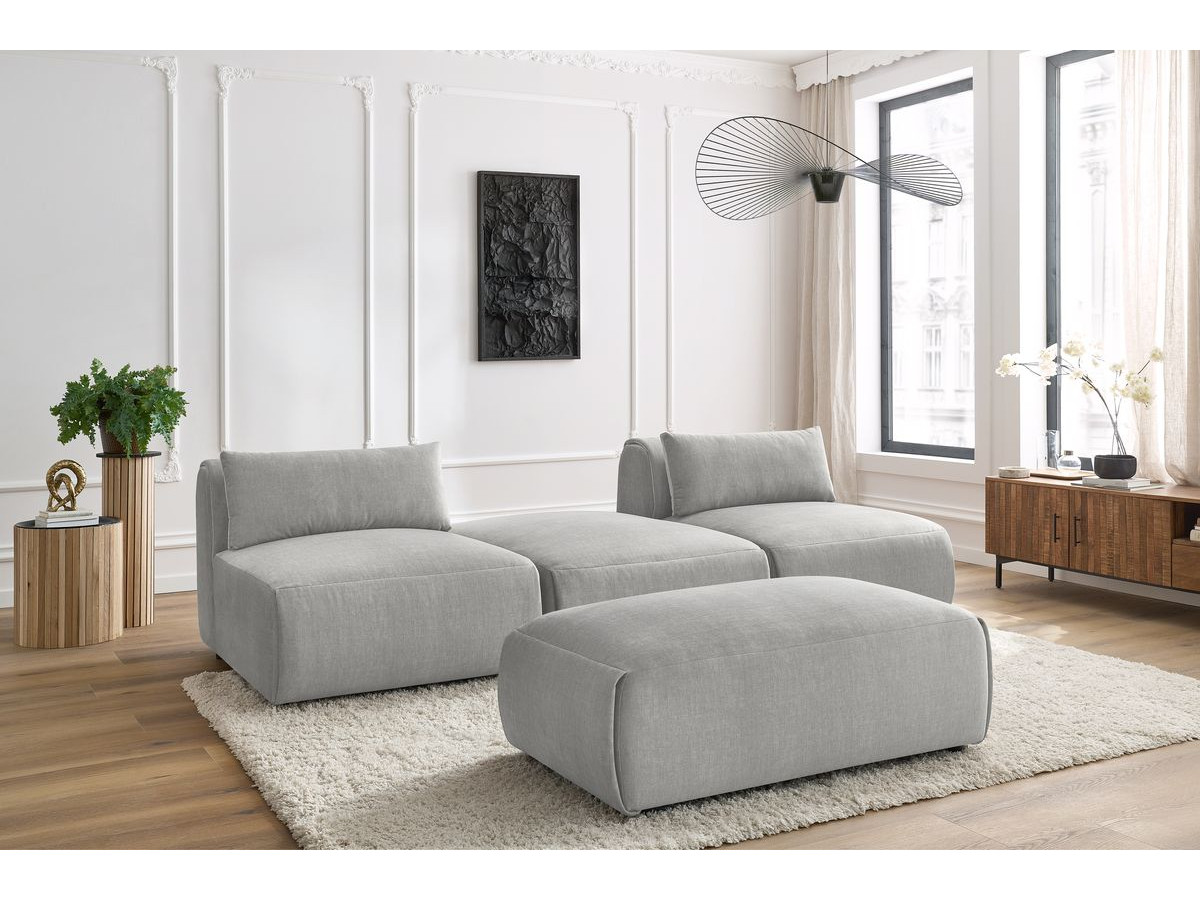 Canapé droit fixe 3 places JEANNE avec pouf tissu velours