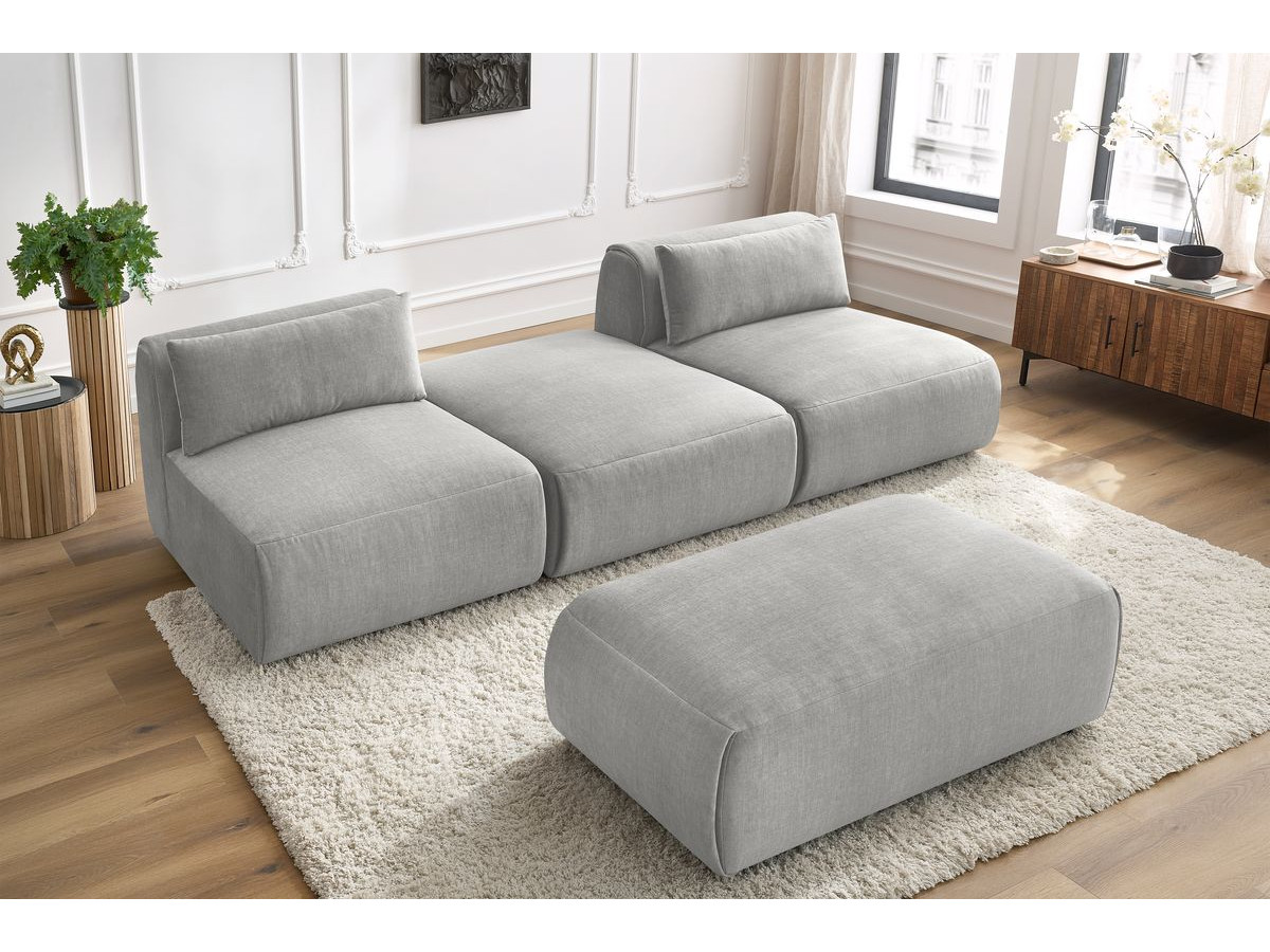 Canapé droit fixe 3 places JEANNE avec pouf tissu velours