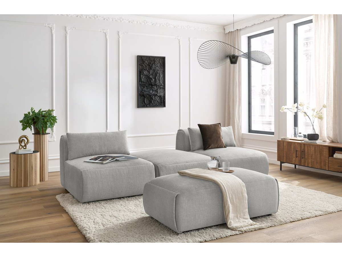 Canapé droit fixe 3 places JEANNE avec pouf tissu velours