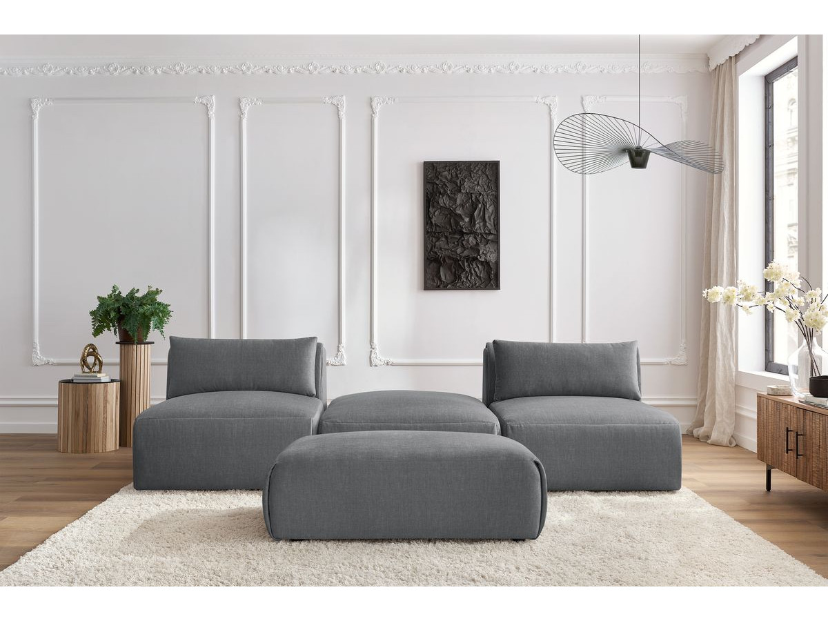 Canapé droit fixe 3 places JEANNE avec pouf tissu velours