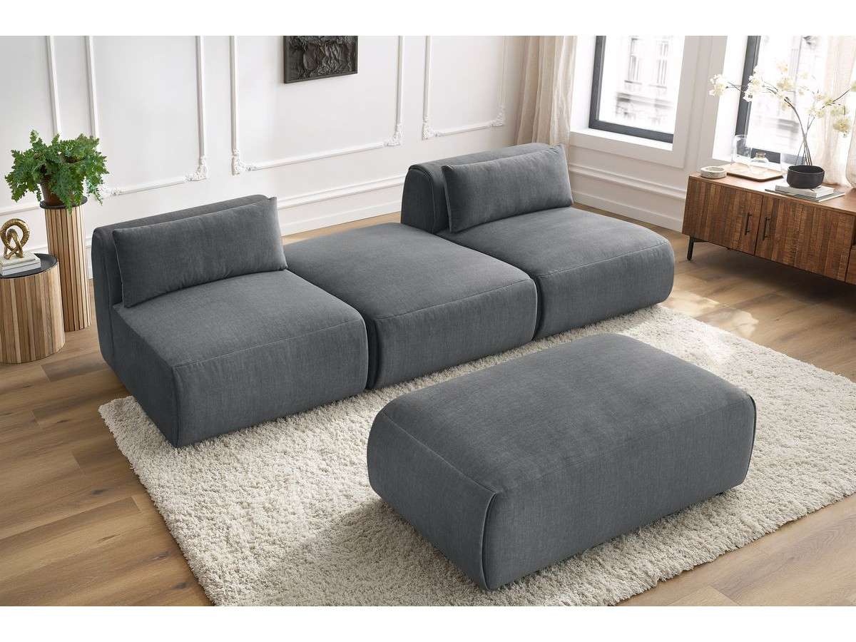 Canapé droit fixe 3 places JEANNE avec pouf tissu velours