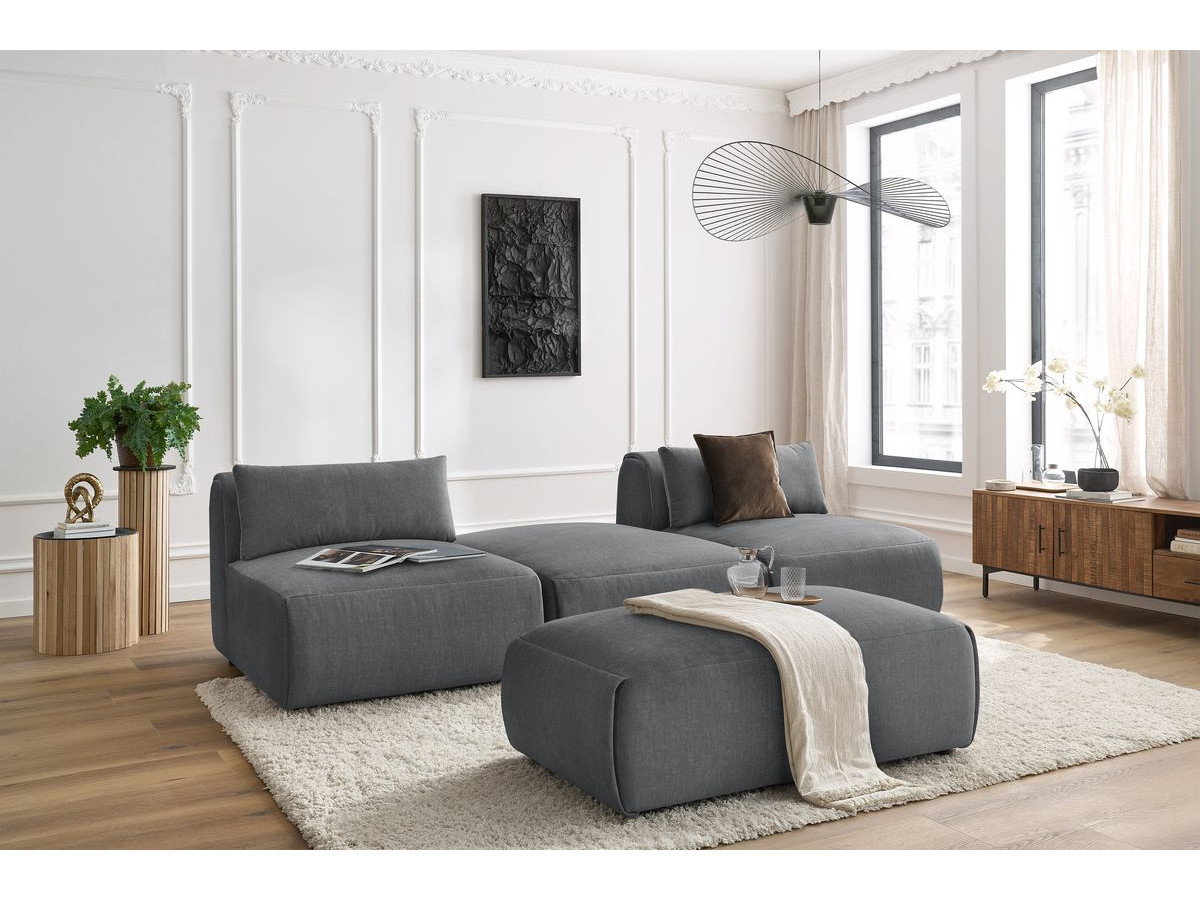 Canapé droit fixe 3 places JEANNE avec pouf tissu velours