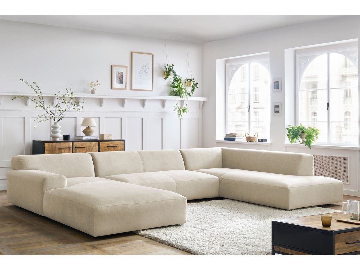 Canapé panoramique fixe LAVENA tissu velours beige angle gauche BOBOCHIC 6 places - Vue supplémentaire 2