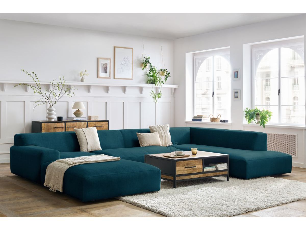 Canapé panoramique fixe LAVENA tissu velours bleu foncé  angle gauche BOBOCHIC 6 places