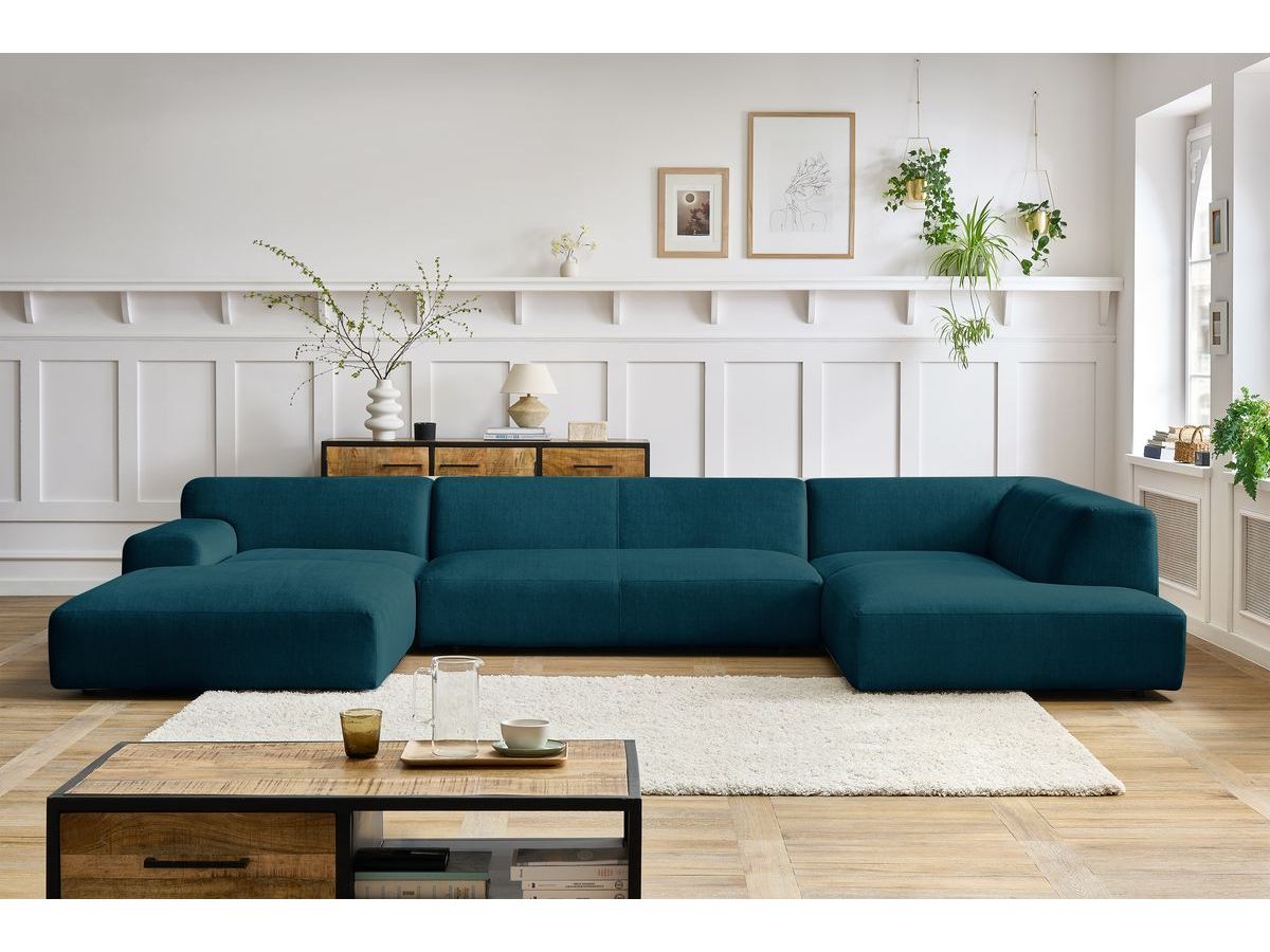 Canapé panoramique fixe LAVENA tissu velours bleu foncé angle gauche BOBOCHIC 6 places - Vue supplémentaire 3