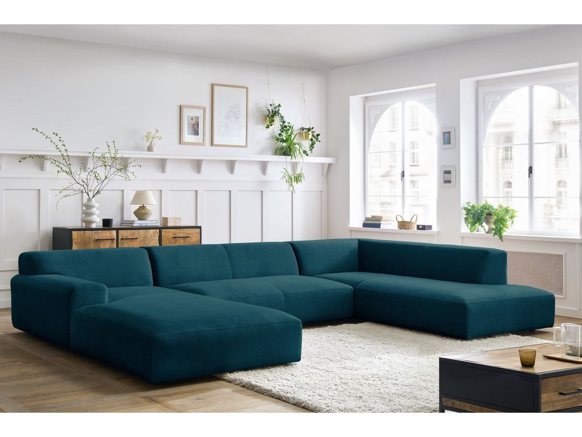 Canapé panoramique fixe LAVENA tissu velours bleu foncé angle gauche BOBOCHIC 6 places - Vue supplémentaire 2