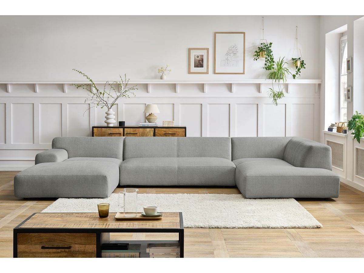 Canapé panoramique fixe LAVENA tissu velours gris clair angle gauche BOBOCHIC 6 places - Vue supplémentaire 3