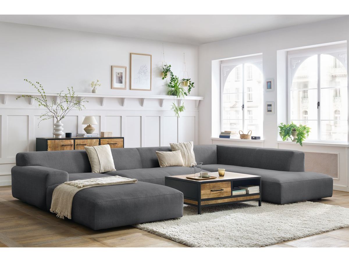 Canapé panoramique fixe LAVENA tissu velours gris foncé  angle gauche BOBOCHIC 6 places