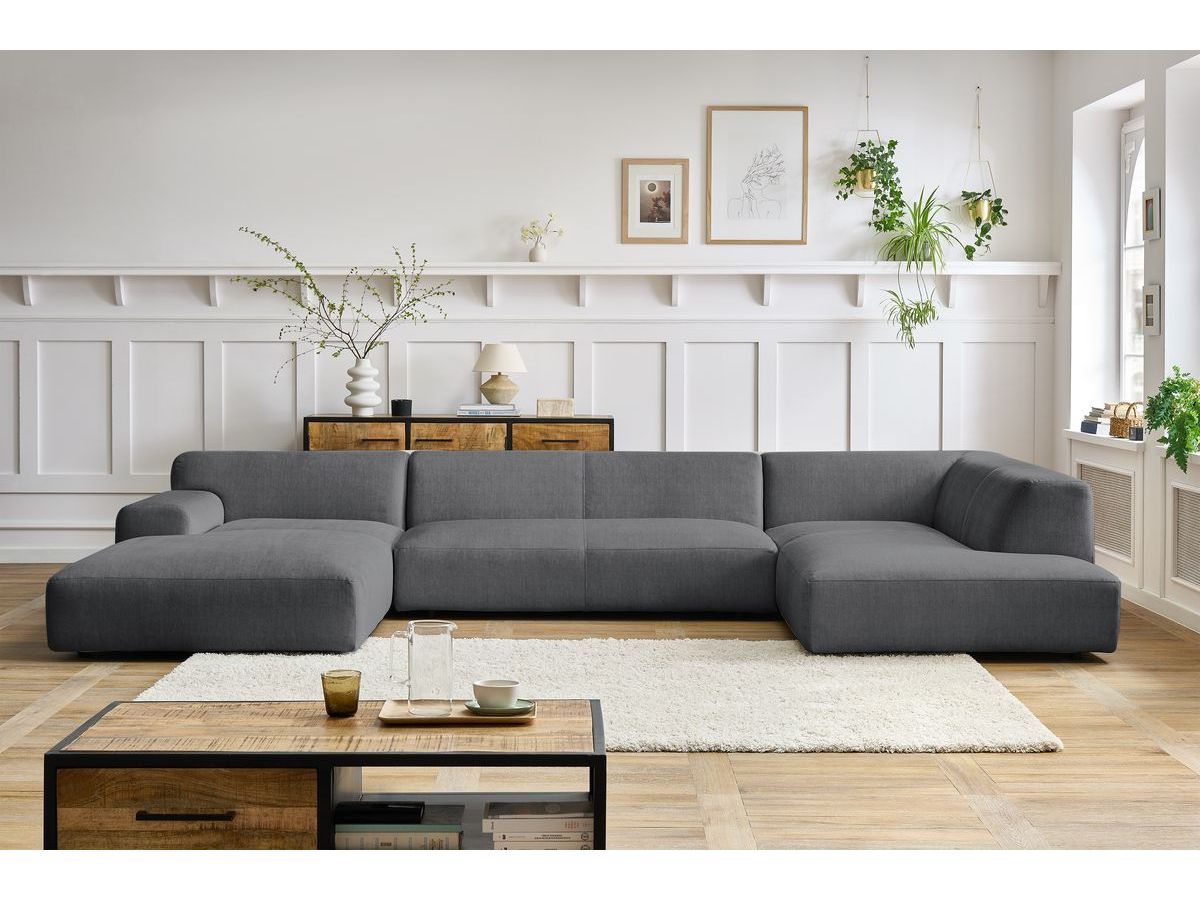 Canapé panoramique fixe LAVENA tissu velours gris foncé angle gauche BOBOCHIC 6 places - Vue supplémentaire 3