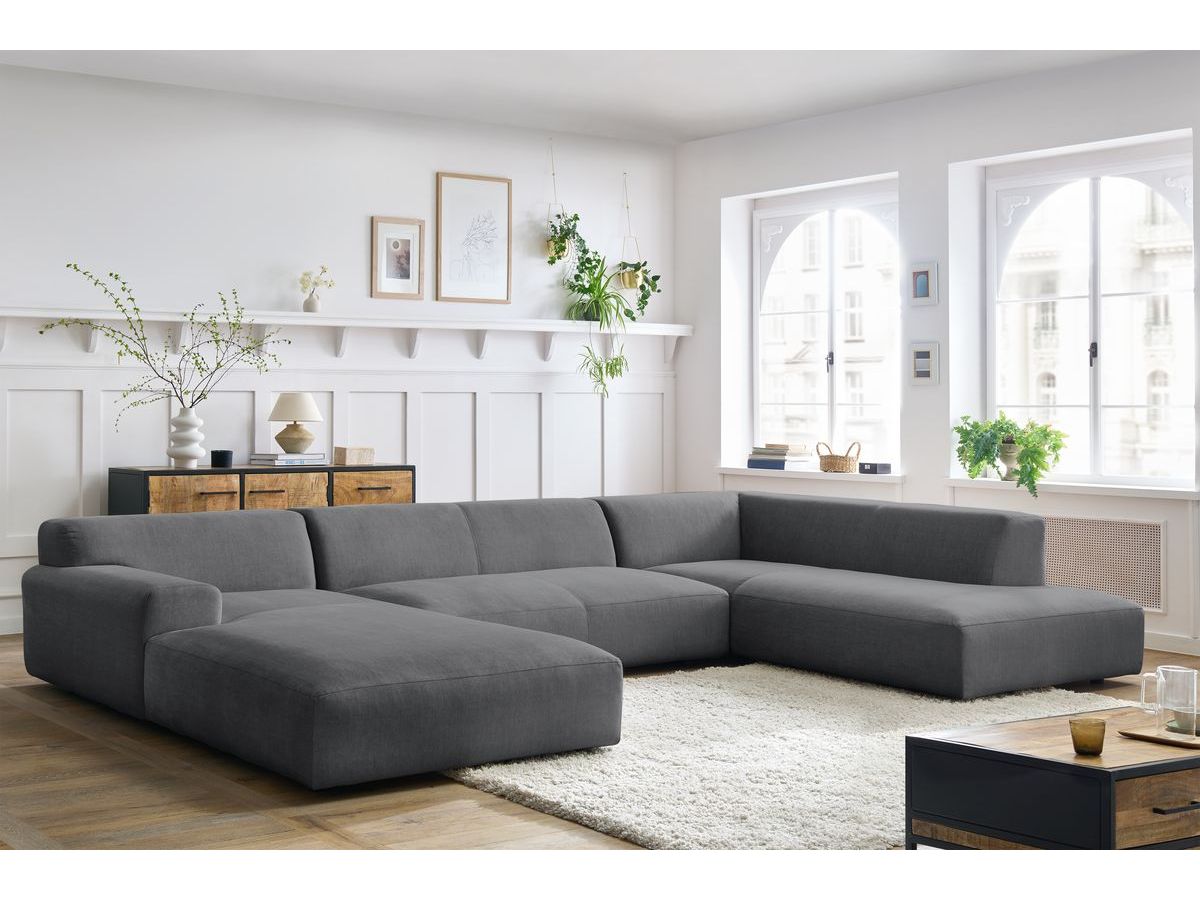 Canapé panoramique fixe LAVENA tissu velours gris foncé angle gauche BOBOCHIC 6 places - Vue supplémentaire 2