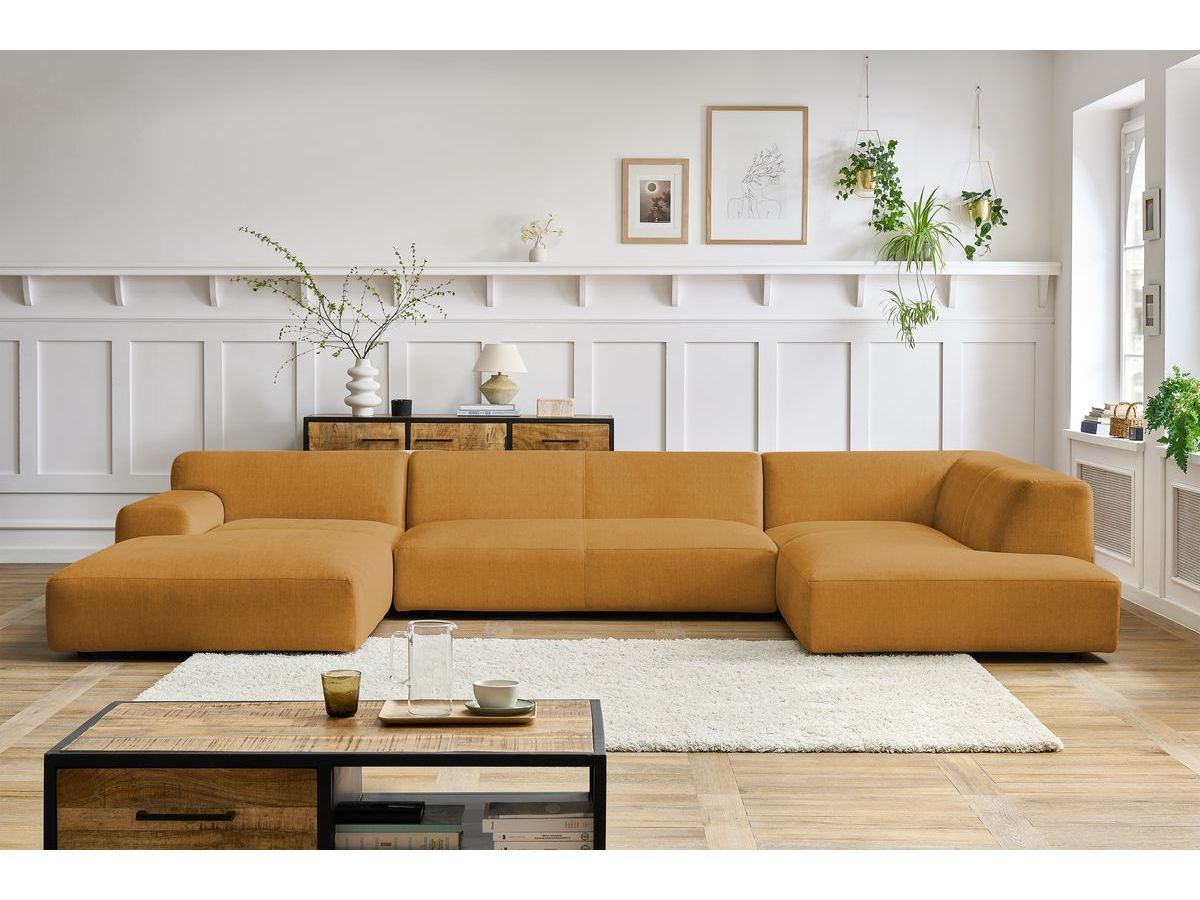 Canapé panoramique fixe LAVENA tissu velours jaune angle gauche BOBOCHIC 6 places - Vue supplémentaire 3