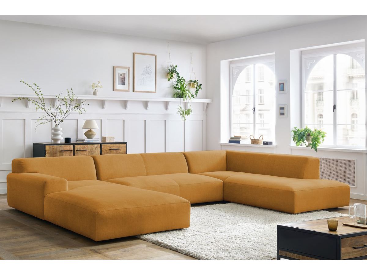 Canapé panoramique fixe LAVENA tissu velours jaune angle gauche BOBOCHIC 6 places - Vue supplémentaire 2