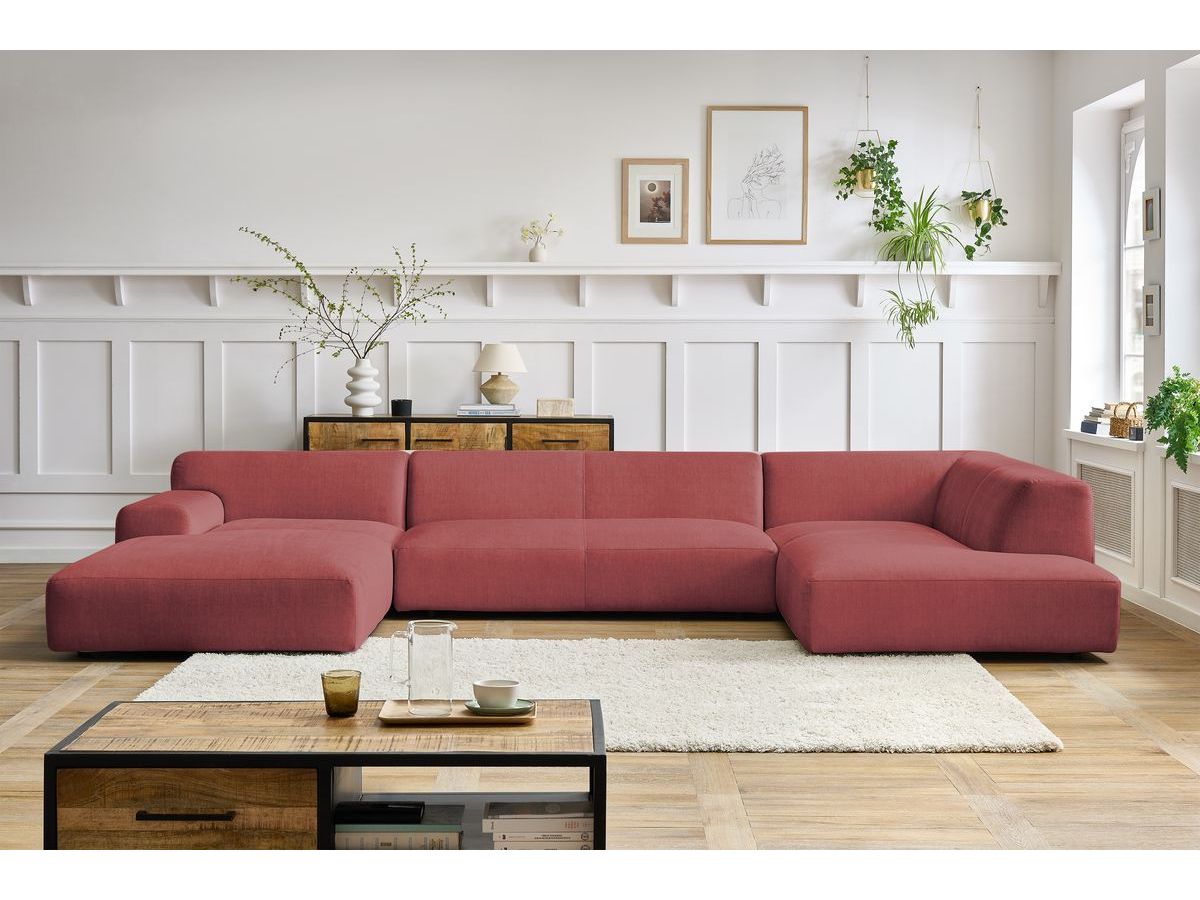 Canapé panoramique fixe LAVENA tissu velours orange angle gauche BOBOCHIC 6 places - Vue supplémentaire 3