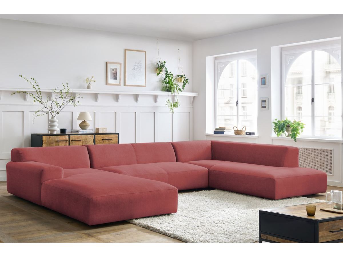 Canapé panoramique fixe LAVENA tissu velours orange angle gauche BOBOCHIC 6 places - Vue supplémentaire 2