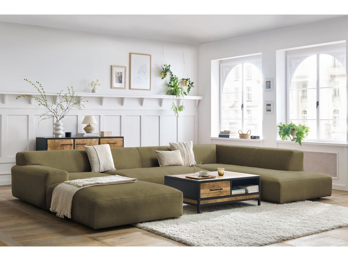 Canapé panoramique fixe LAVENA tissu velours vert  angle gauche BOBOCHIC 6 places