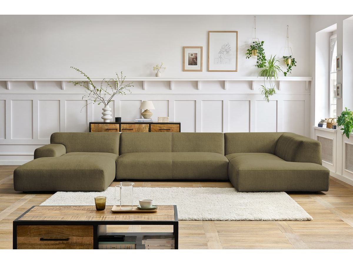 Canapé panoramique fixe LAVENA tissu velours vert angle gauche BOBOCHIC 6 places - Vue supplémentaire 3