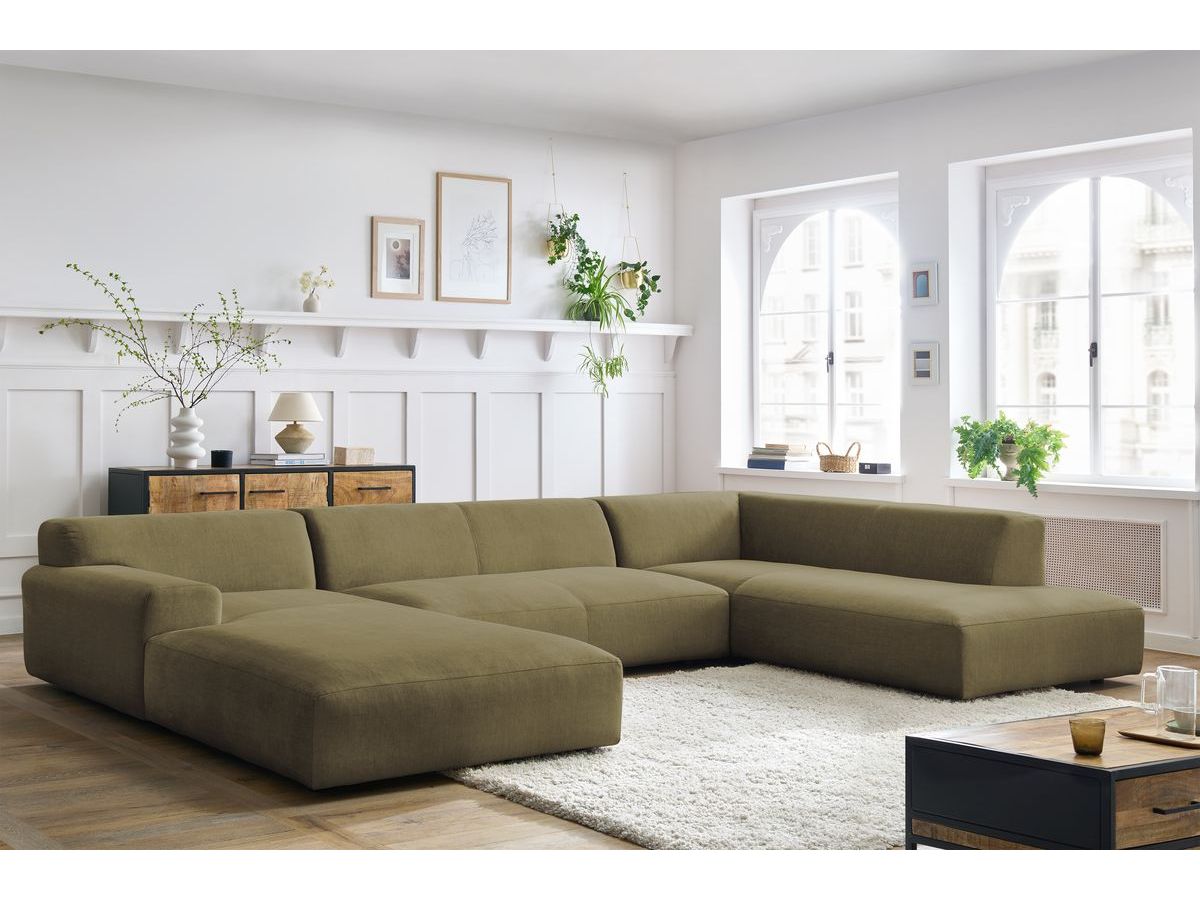 Canapé panoramique fixe LAVENA tissu velours vert angle gauche BOBOCHIC 6 places - Vue supplémentaire 2