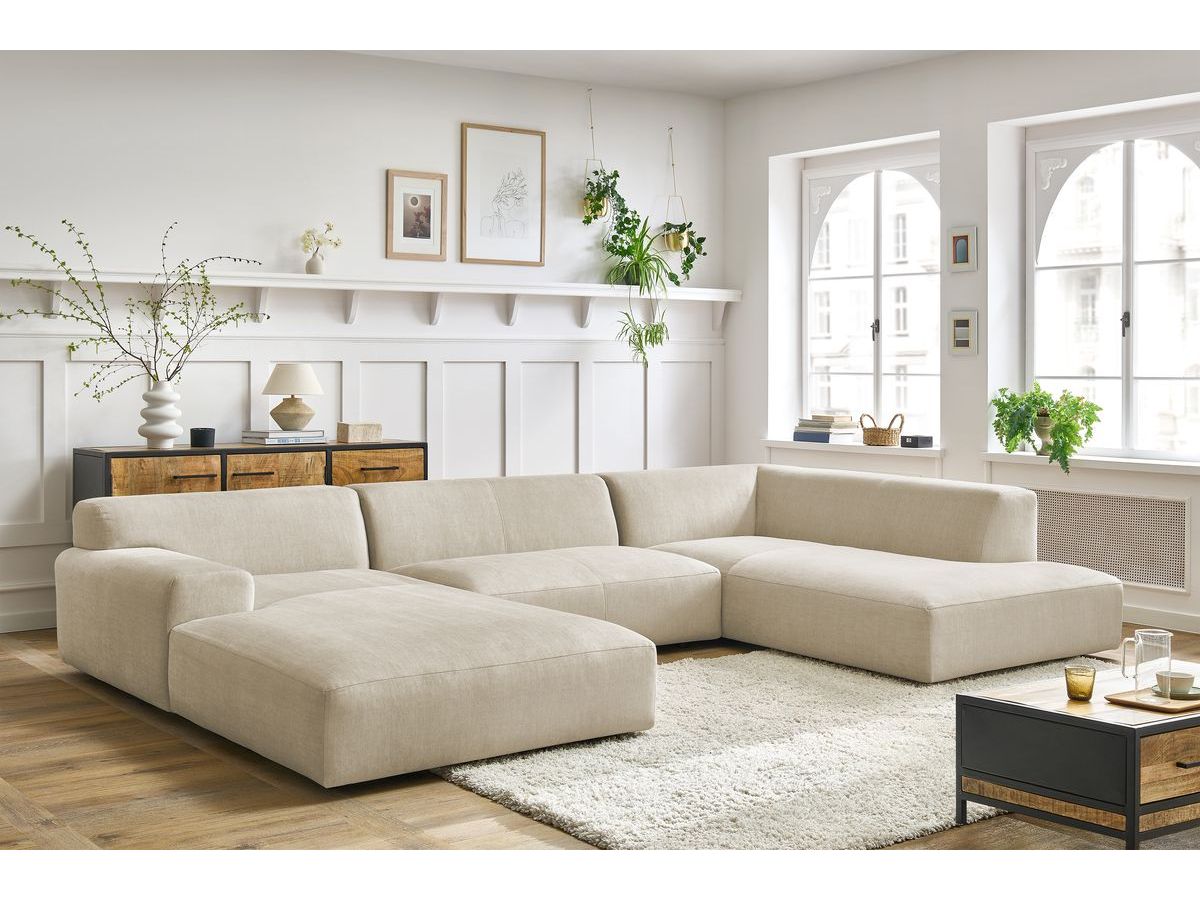 Canapé panoramique fixe compact LAVENA tissu velours beige angle gauche BOBOCHIC 6 places - Vue supplémentaire 3