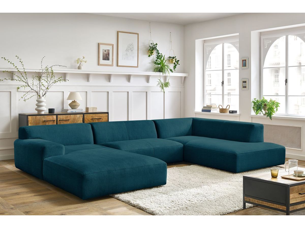 Canapé panoramique fixe compact LAVENA tissu velours bleu foncé angle gauche BOBOCHIC 6 places - Vue supplémentaire 3