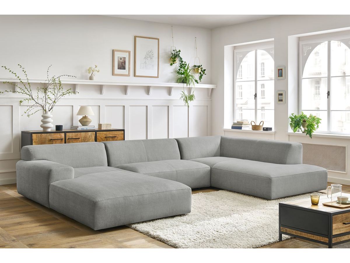 Canapé panoramique fixe compact LAVENA tissu velours gris clair angle gauche BOBOCHIC 6 places - Vue supplémentaire 3