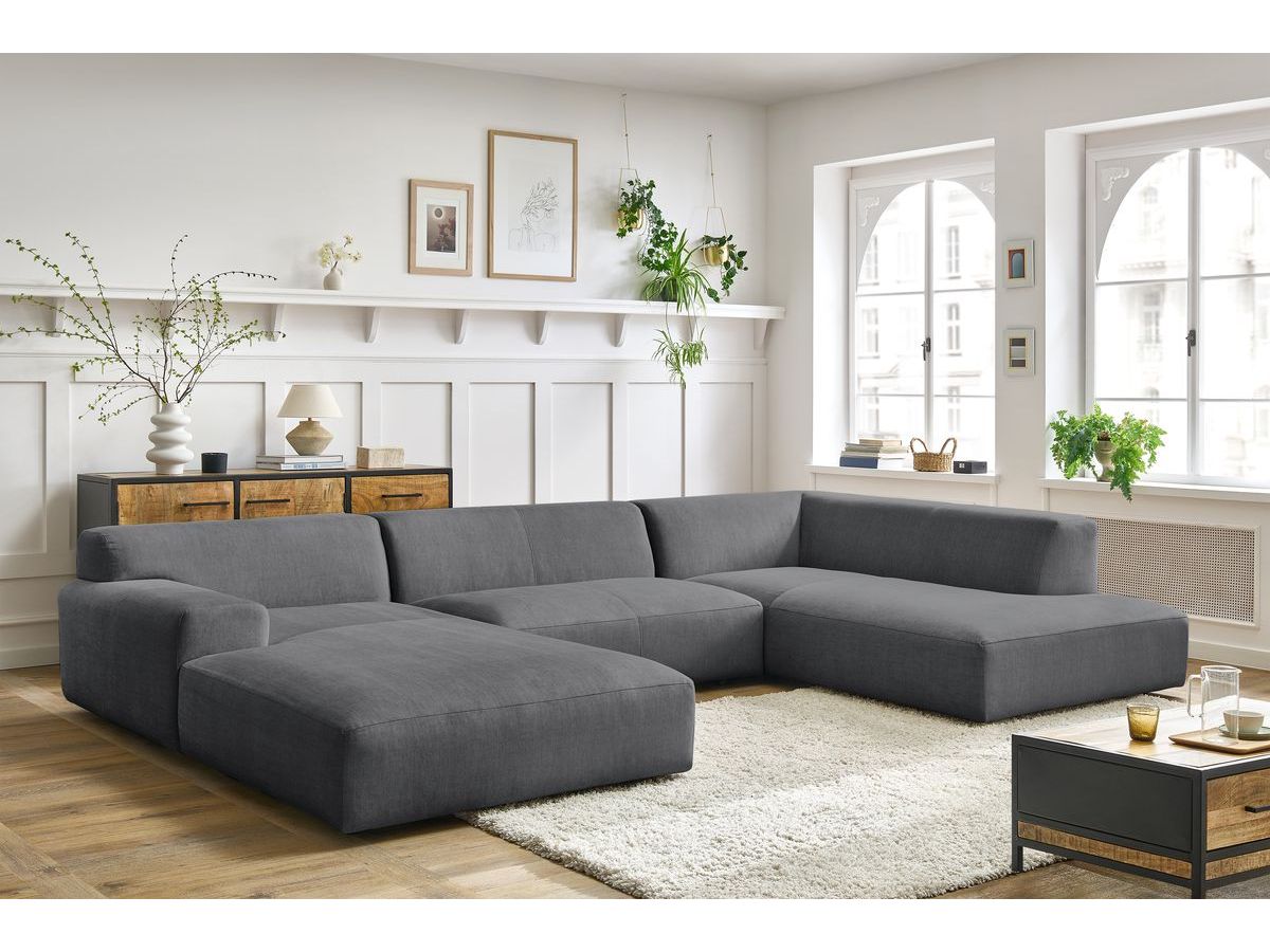 Canapé panoramique fixe compact LAVENA tissu velours gris foncé angle gauche BOBOCHIC 6 places - Vue supplémentaire 3