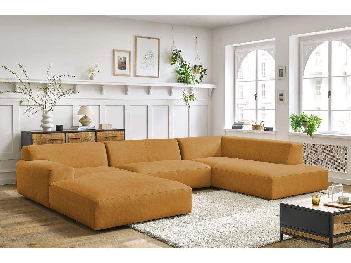 Canapé panoramique fixe compact LAVENA tissu velours jaune angle gauche BOBOCHIC 6 places - Vue supplémentaire 3