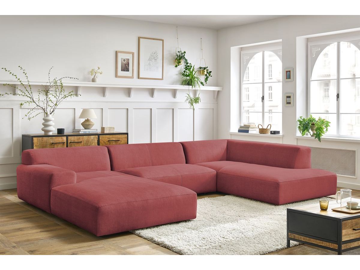 Canapé panoramique fixe compact LAVENA tissu velours orange angle gauche BOBOCHIC 6 places - Vue supplémentaire 3