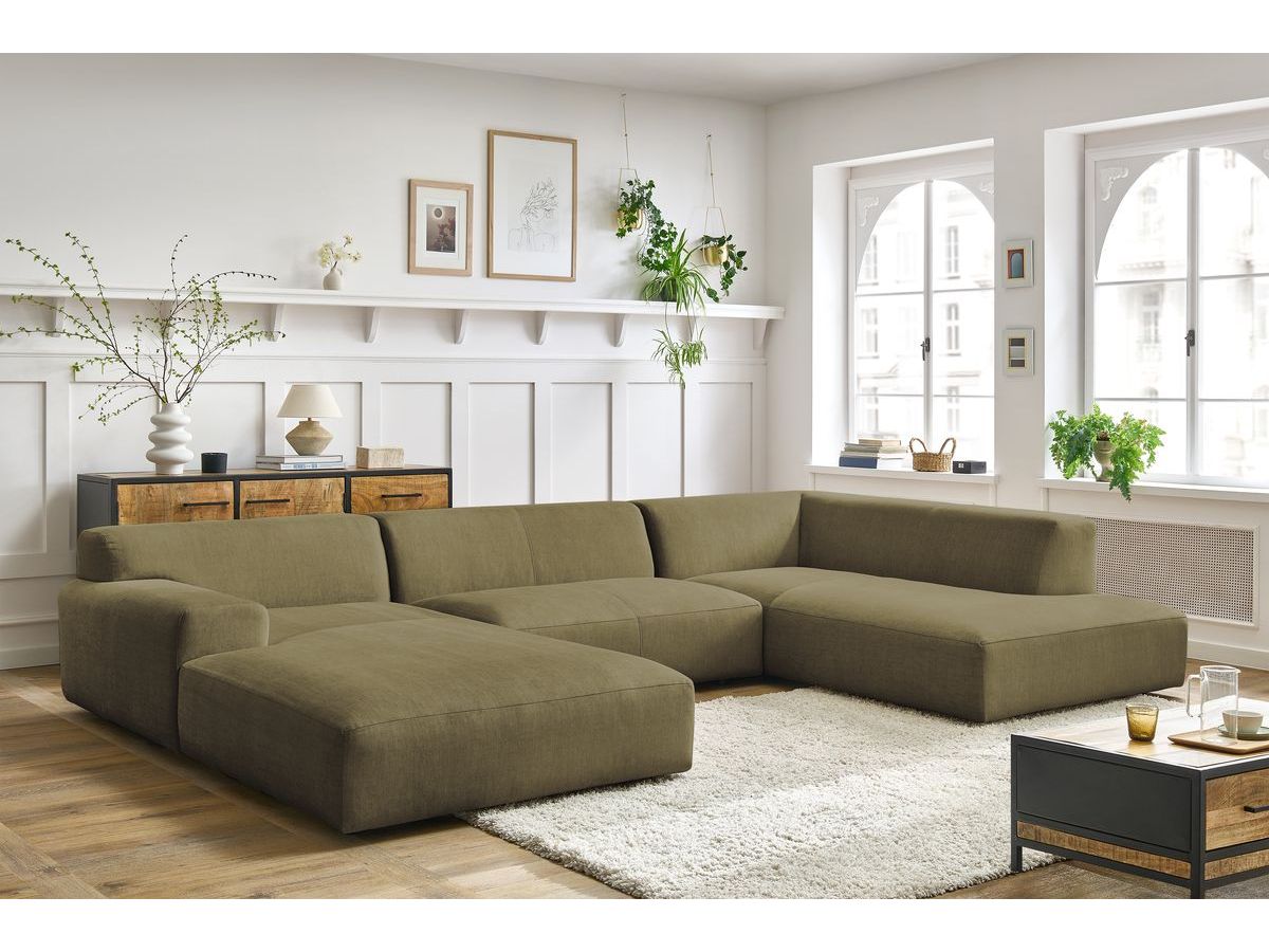 Canapé panoramique fixe compact LAVENA tissu velours vert angle gauche BOBOCHIC 6 places - Vue supplémentaire 3