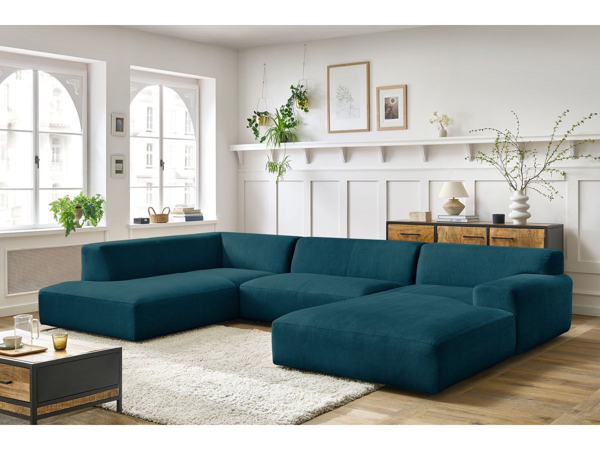 Canapé panoramique fixe compact LAVENA tissu velours bleu foncé  angle droit BOBOCHIC 6 places - Vue supplémentaire 3