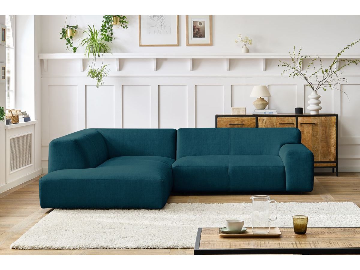 Canapé d'angle fixe compact LAVENA tissu velours bleu foncé angle gauche BOBOCHIC 4 places - Vue supplémentaire 3