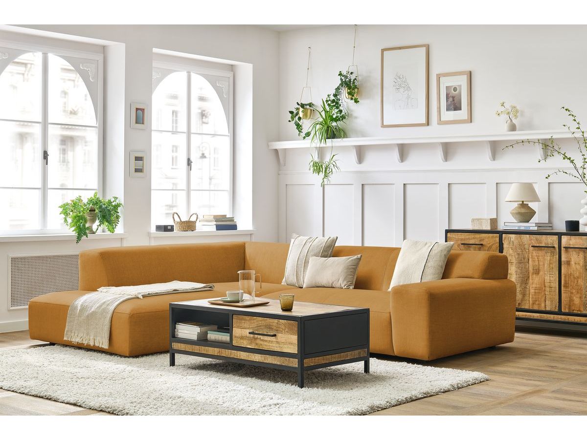 Canapé d'angle fixe EVEREST tissu chiné - Orange - Angle droit - 10 coussins