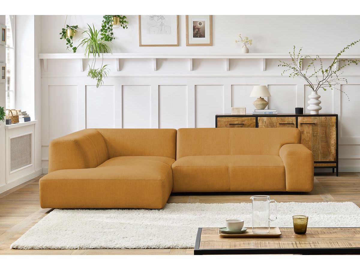 Canapé d'angle fixe compact LAVENA tissu velours jaune angle gauche BOBOCHIC 4 places - Vue supplémentaire 3