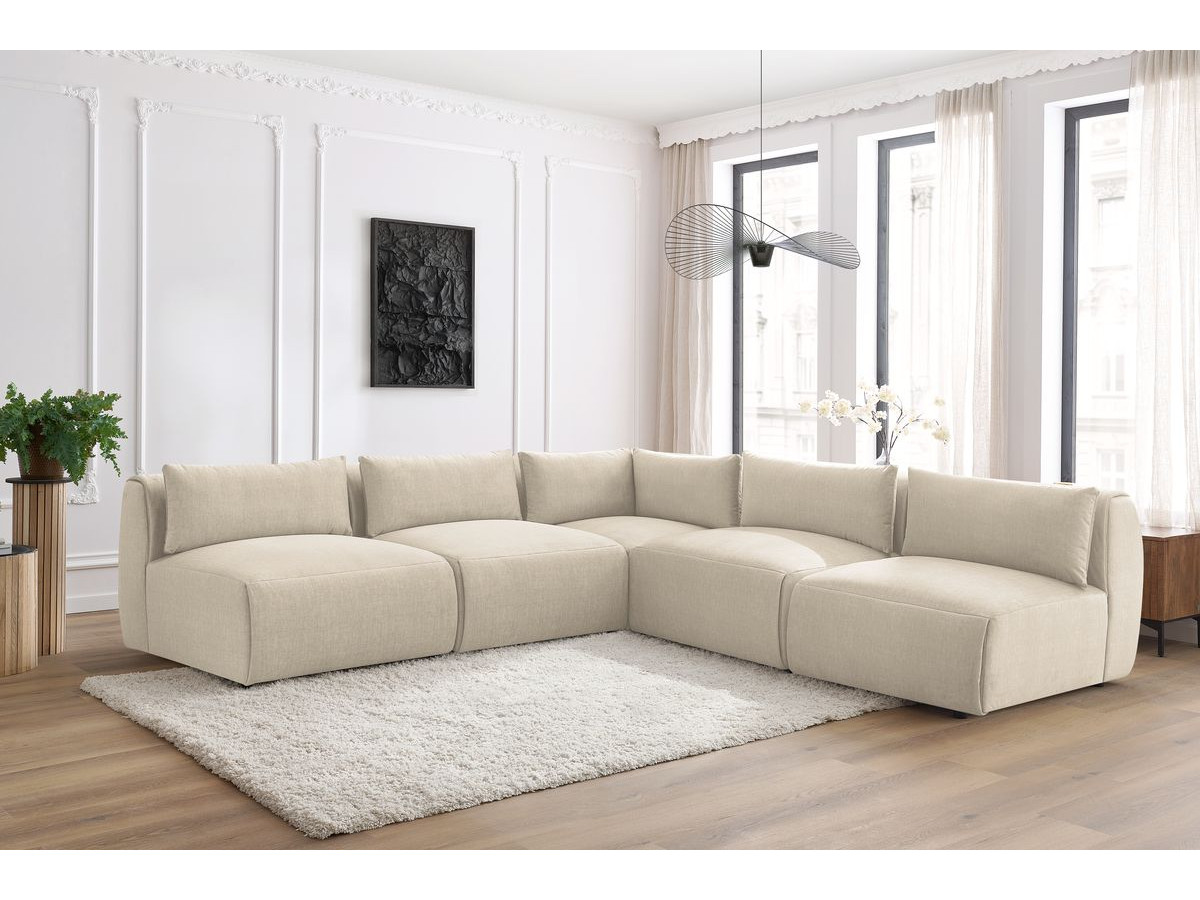 Canapé d'angle fixe modulable JEANNE tissu velours avec 4 chauffeuses et 1 angle beige  réversible BOBOCHIC 5 places - Vue supplémentaire 3