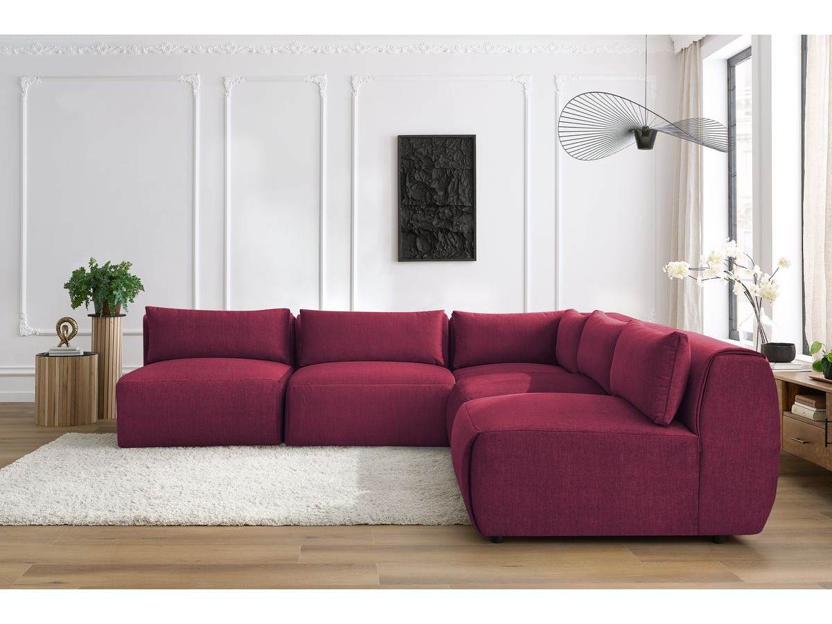 Canapé d'angle fixe modulable JEANNE tissu velours avec 4 chauffeuses et 1 angle