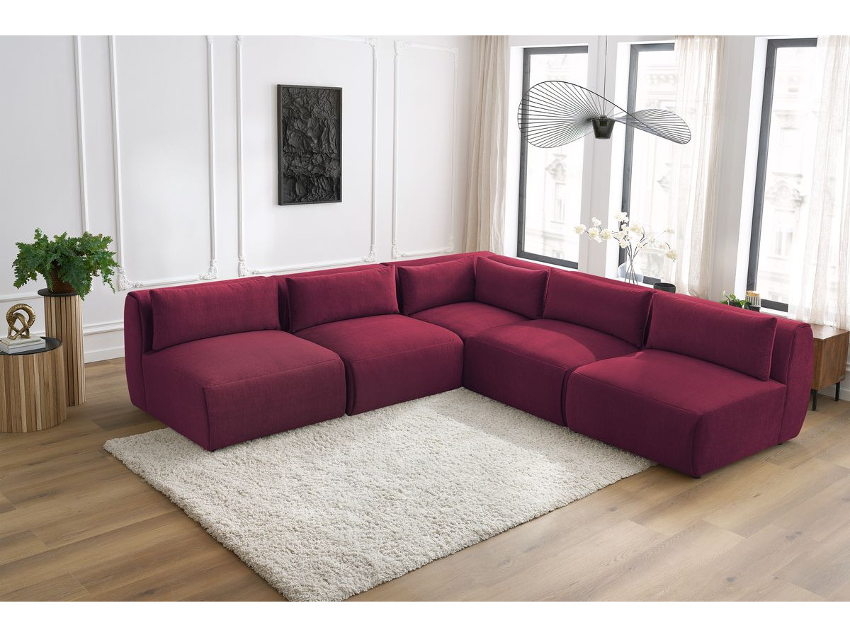 Canapé d'angle fixe modulable JEANNE tissu velours avec 4 chauffeuses et 1 angle