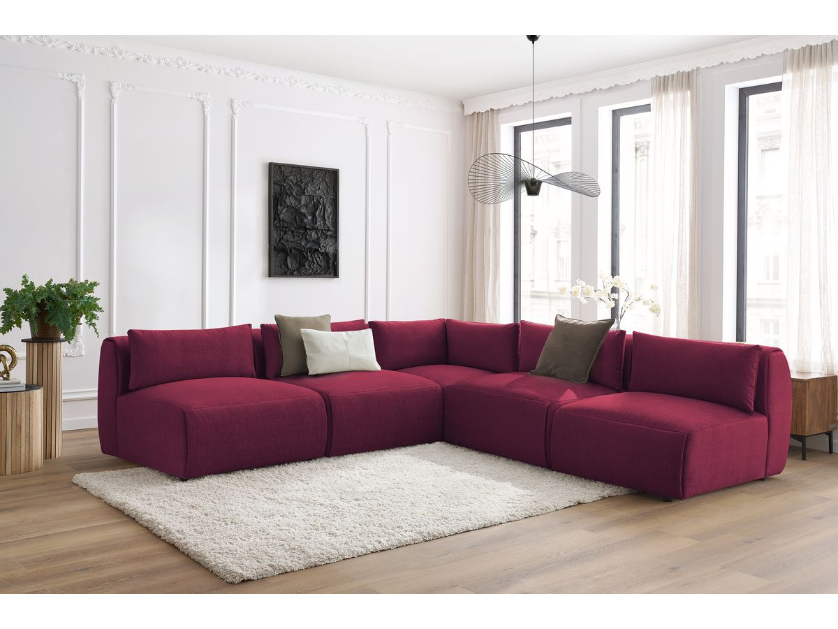 Canapé d'angle fixe modulable JEANNE tissu velours avec 4 chauffeuses et 1 angle