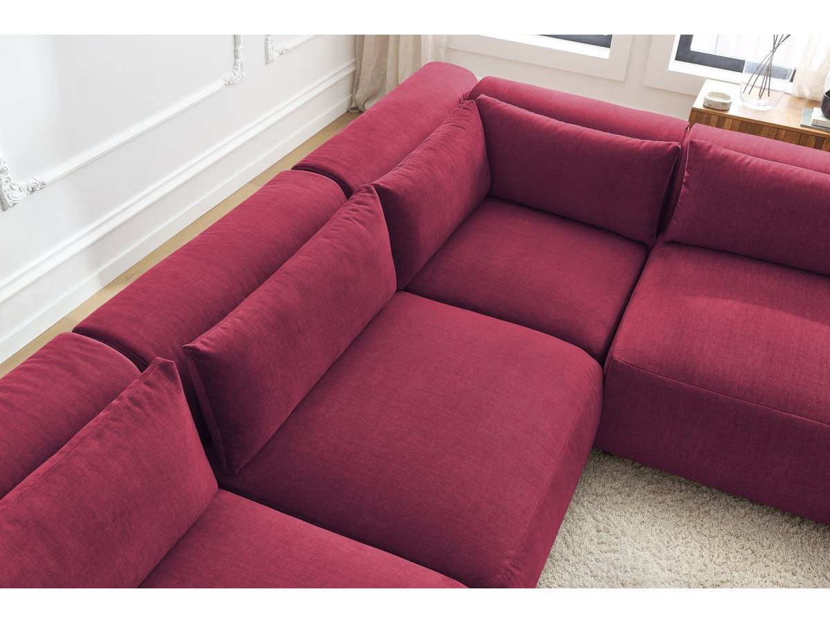 Canapé d'angle fixe modulable JEANNE tissu velours avec 4 chauffeuses et 1 angle