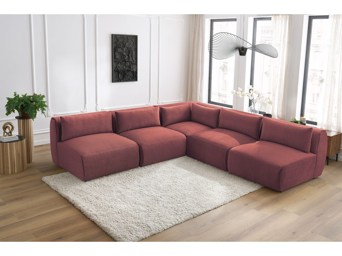 Canapé d'angle fixe modulable JEANNE tissu velours avec 4 chauffeuses et 1 angle
